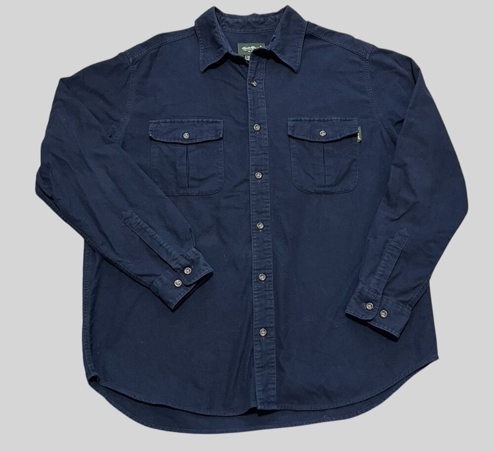 Vintage Eddie Bauer Chamois Shirt Navy Blue Long Sleeve Cotton Flannel Large